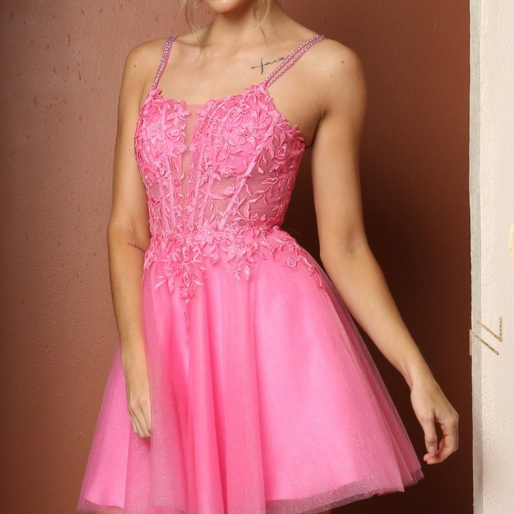 NEW PINK OFF THE SHOULDER SLEEVELESS EMBROIDERY MINI GOWN WITH STRAPS NX T724 - Picture 6 of 8